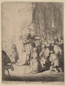Obětování v chrámu s andělem: Malá deska od Rembrandt van Rijn