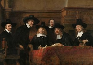 Vzorkoví úředníci Amsterodamského cechu soukeníků, známí jako „Syndici“ Vzorkoví úředníci Amsterodamského cechu soukeníků, známí jako „Syndici“ od Rembrandt van Rijn