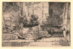 Panna a dítě s kočkou a Josefem u okna od Rembrandt van Rijn