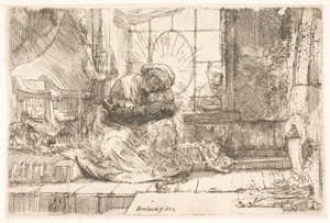 Panna Marie s dítětem a kočkou: a Josef u okna od Rembrandt van Rijn