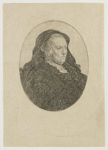 Umělcova matka sedí u stolu a dívá se doprava: pohled ze tří čtvrtin od Rembrandt van Rijn