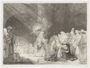 Prezentace v chrámu: podlouhlý tisk od Rembrandt van Rijn