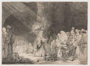 Prezentace v chrámu: podlouhlý tisk od Rembrandt van Rijn