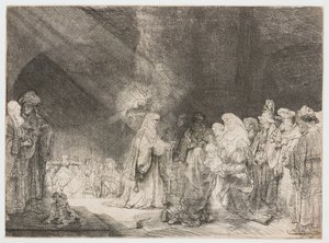 Prezentace v chrámu: podlouhlý tisk od Rembrandt van Rijn