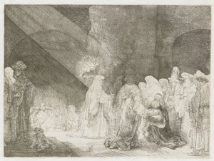 Prezentace v chrámu: podlouhlý tisk od Rembrandt van Rijn
