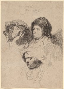Tři hlavy žen, jedna spí od Rembrandt van Rijn
