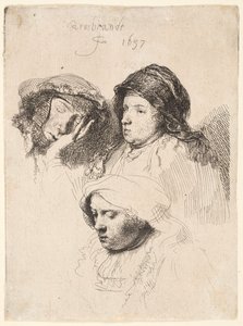 Tři hlavy žen, jedna spí od Rembrandt van Rijn