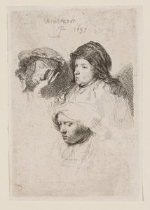 Tři ženské hlavy, z nichž jedna spí od Rembrandt van Rijn