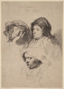 Tři ženské hlavy, z nichž jedna spí od Rembrandt van Rijn