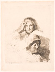 Tři hlavy žen, jedna lehce leptaná od Rembrandt van Rijn