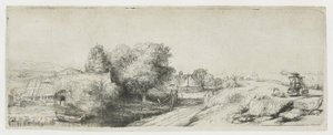 Pohled na Diemerdijk s mlékařem a chalupami od Rembrandt van Rijn