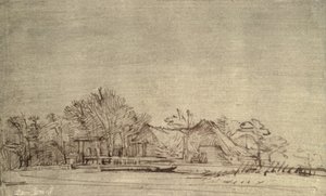 Zimní krajina s domky mezi stromy, cca 1650 (rákosové pero a hnědý inkoust) od Rembrandt van Rijn