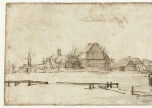 Zimní pohled s vodní cestou, chatami a dvěma čluny od Rembrandt van Rijn
