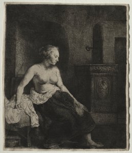 Žena sedí napůl oblečená vedle sporáku od Rembrandt van Rijn