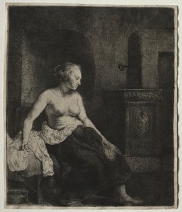 Žena sedící napůl oblečená vedle sporáku, 1658. od Rembrandt van Rijn