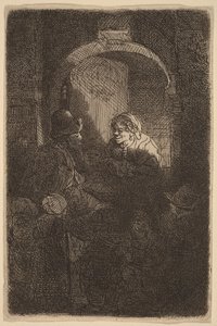 Žena u dveřního průchodu hovořící s mužem a dětmi (Učitel) od Rembrandt van Rijn