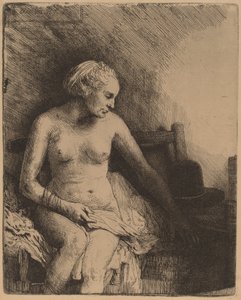 Žena ve vaně s kloboukem vedle ní od Rembrandt van Rijn