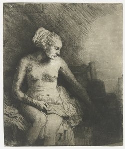 Žena ve vaně s kloboukem vedle ní Žena ve vaně s kloboukem vedle ní od Rembrandt van Rijn