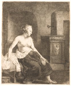Žena sedí napůl oblečená vedle sporáku od Rembrandt van Rijn