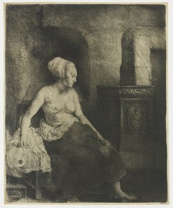 Žena sedí napůl oblečená vedle sporáku od Rembrandt van Rijn