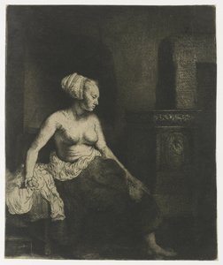 Žena sedí napůl oblečená vedle sporáku od Rembrandt van Rijn