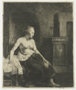 Žena sedí napůl oblečená vedle sporáku od Rembrandt van Rijn