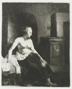 Žena sedí napůl oblečená vedle sporáku od Rembrandt van Rijn