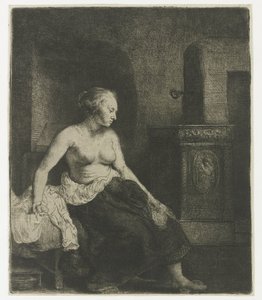Žena sedí napůl oblečená vedle sporáku od Rembrandt van Rijn