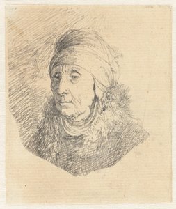 Žena s vysokou čelenkou ovinutou kolem brady: poprsí od Rembrandt van Rijn