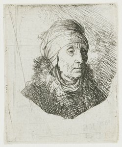 Žena s vysokou čelenkou ovinutou kolem brady: poprsí od Rembrandt van Rijn