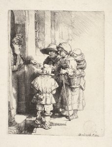 Žebráci přijímající almužnu ve dveřích od Rembrandt van Rijn