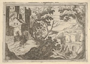 Krajina s budovami vlevo a mostem vpravo dole, ca. 1620-50. od Remigio Cantagallina