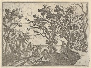 Krajina s pobřežním rybářem a mužským divákem pod stromy, muž na přídi člunu..., ca. 1620-50.