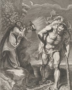 Svatý Kryštof nesoucí dítě Krista přes potok, další muž držící ..., ca. 1636-80.