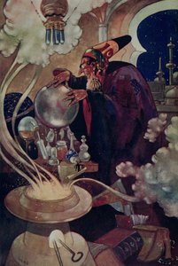 „Po dlouhém a pečlivém kurzu magických otázek“ z „Arabské noci“ (barevné lito) od René Bull