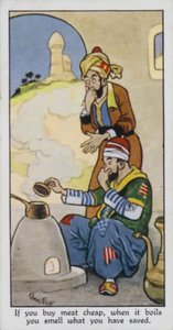 Když koupíš maso levně, při vaření ucítíš, co jsi ušetřil (barevná litografie) od René Bull