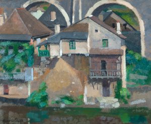 Domy na Vézère v Uzerche (olej na kartonu)