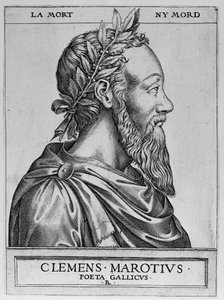 Portrét Clementa des Marets zvaného Marot (1496-1544), francouzský básník - Clement Marotius galský básník rytina od Rene Boyvina 1576 -
