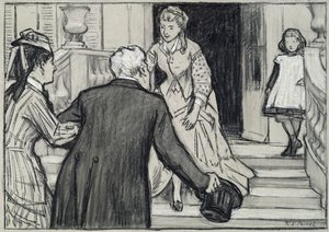 Návštěva, ilustrace z La Jeune Fille Bien Elevee od Rene Boylesve (černobílé křídy na papíře)