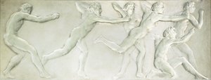 Tvarovaný skleněný figurální panel zobrazující šest nahých mužských sportovců, od Rene Jules Lalique