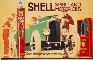 Plakátová reklama na líh a motorové oleje Shell.