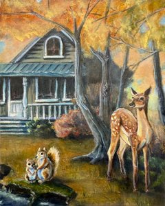 Podzimní jeleni a veverky od Renee Machan Cottagecore Artist