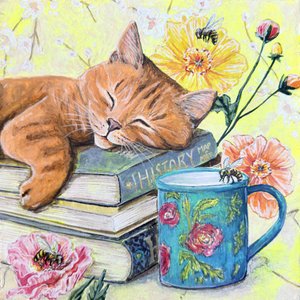 Spící kočka mezi knihami od Renee Machan Cottagecore Artist