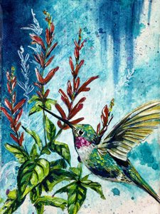 „Hover“ – kolibřík a květy ananasové šalvěje, autorka: Renee Machan od Renee Machan Cottagecore Artist