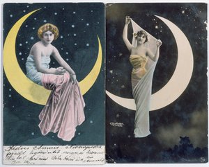 Maďarské (na L.) a francouzské (na R.) pohlednice zobrazující ženu a půlměsíc (kol. 1910) (kolorované foto) od Reutlinger Studio