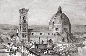 Katedrála a kampanila baziliky Santa Maria del Fiore, Piazza del Duomo, Florencie, Itálie, konec 19. století. Z knihy Italian Pictures by Rev. Samuel Manning, vydané kolem roku 1890. od Reverend Samuel Manning
