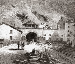 Železniční tunel Fréjus zvaný také tunel Mont Cenis, evropské Alpy, z italské strany na konci 19. století. Z knihy Italian Pictures od Rev. Samuela Manninga, vydané kolem roku 1890. od Reverend Samuel Manning