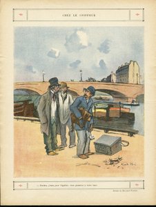 Ilustrace Ricarda Florese (1878-1918) v Le Rire, 5.10.12 - U kadeřníka - Paříž, Profese, Architektura Městské plánování, Most, Řeka - Pes, Kadeřník od Ricardo Flores