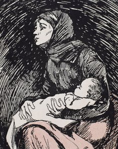 Štědrý večer. 1900. Hubená žena s dítětem v náručí (rytina) od Ricardo Maria Navarrete