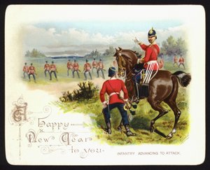Pěchota postupující k útoku, novoroční přání (chromolitho) od Richard (after) Simkin